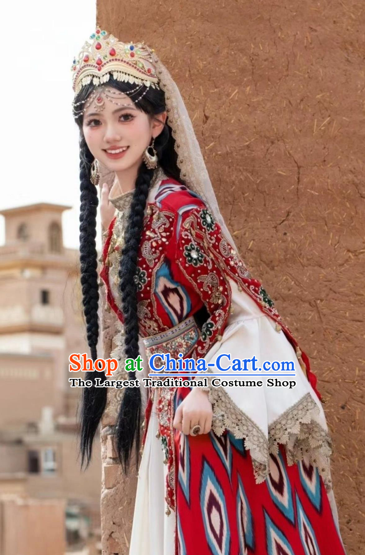 Red Xinjiang Maiden Outfit Uyghur Kashgar Princess Silk Road Costume Set