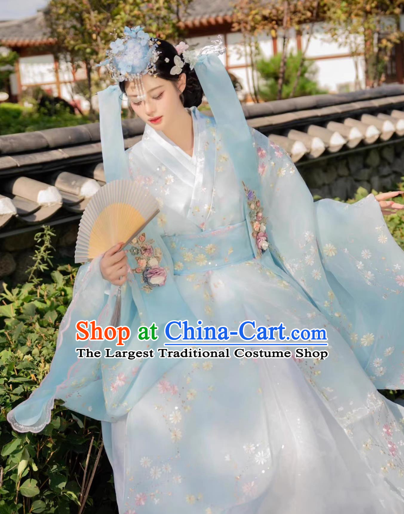 Light Blue Yanji Korean Ethnic Dress Hanbok Princess Palace Traditional Gown Women Photo Shoot Ethereal Costume Set