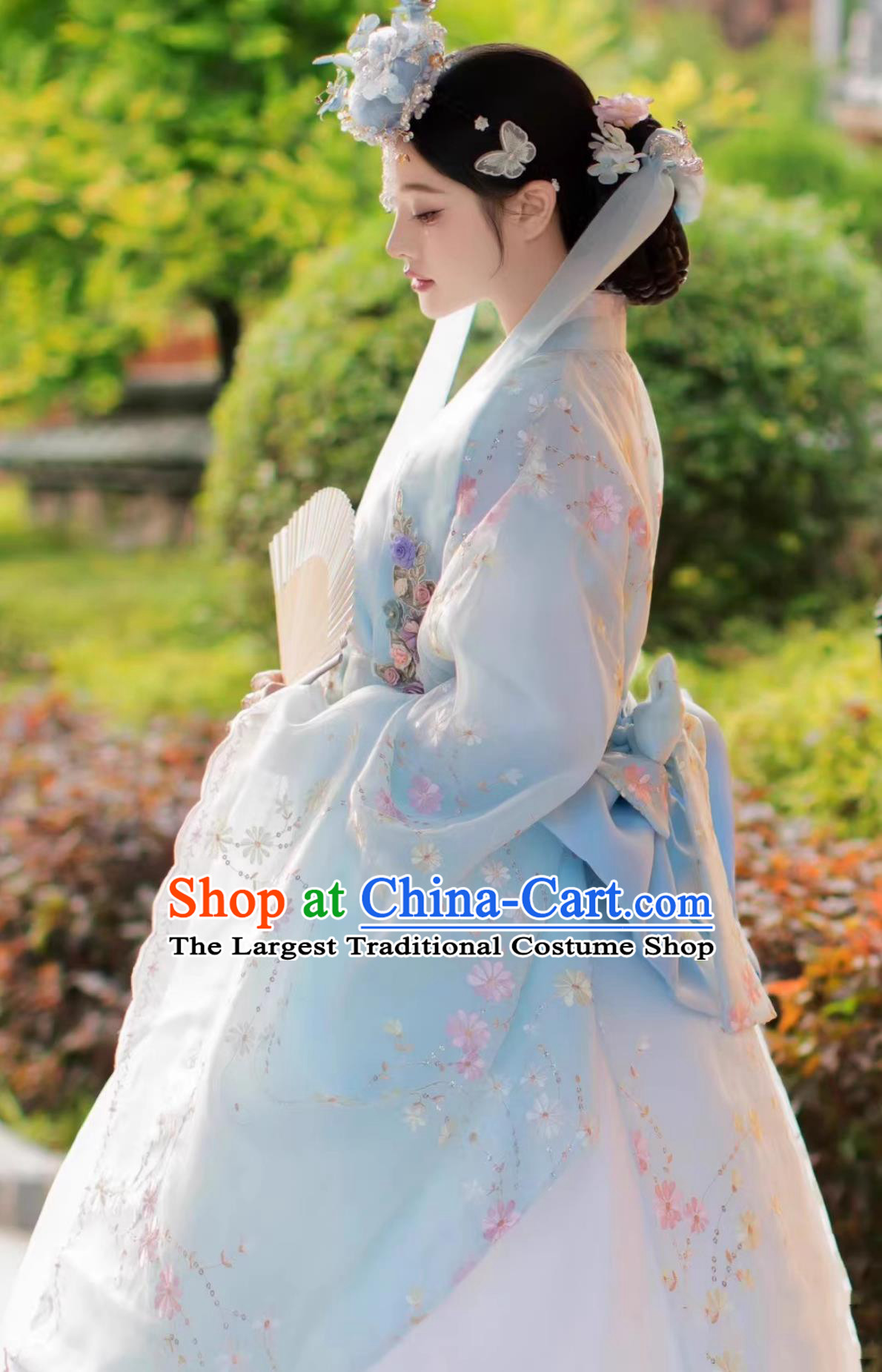 Light Blue Yanji Korean Ethnic Dress Hanbok Princess Palace Traditional Gown Women Photo Shoot Ethereal Costume Set