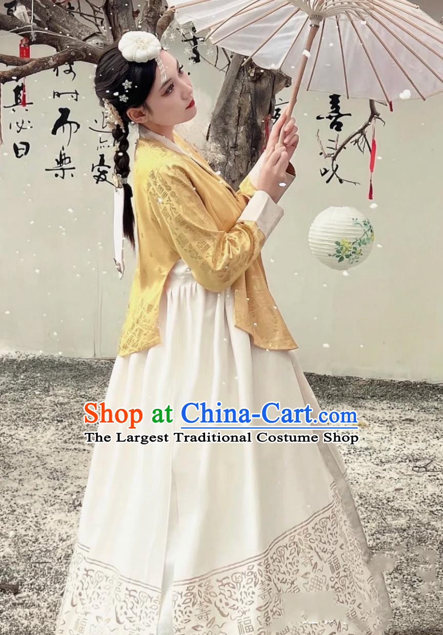 Korean Hanbok Ancient Court Style Ethnic Attire Yanji Princess Yellow Blouse and White Dress Set