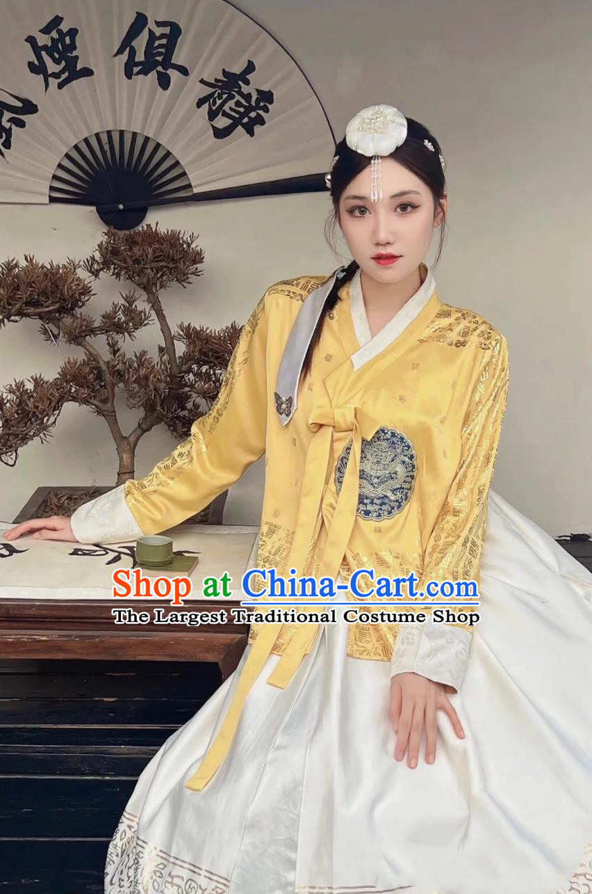 Korean Hanbok Ancient Court Style Ethnic Attire Yanji Princess Yellow Blouse and White Dress Set
