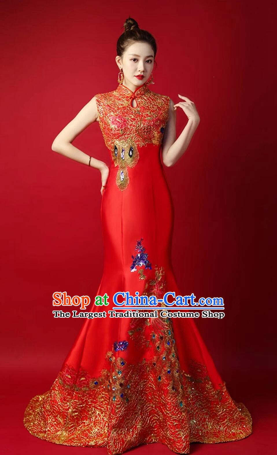 Chinese Style Red Train Gown Model Runway Show Red Mermaid Dress Bride Wedding Qipao