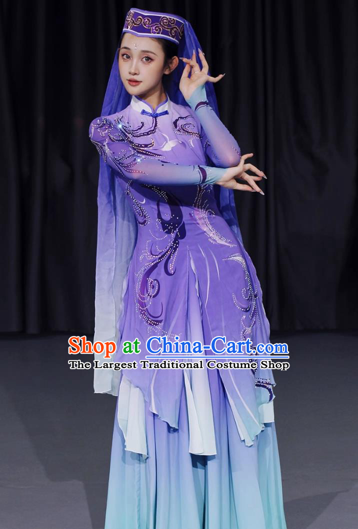 Chinese Ethnic Hui Uygur Dance Costume Xinjiang Minority Performance Purple Outfit Art Exam National Attire