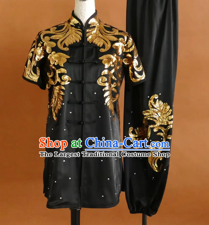 Professional Wushu Changquan Competition Costume Kung Fu Training Uniform Glitter Embroidery Martial Arts Black Suit