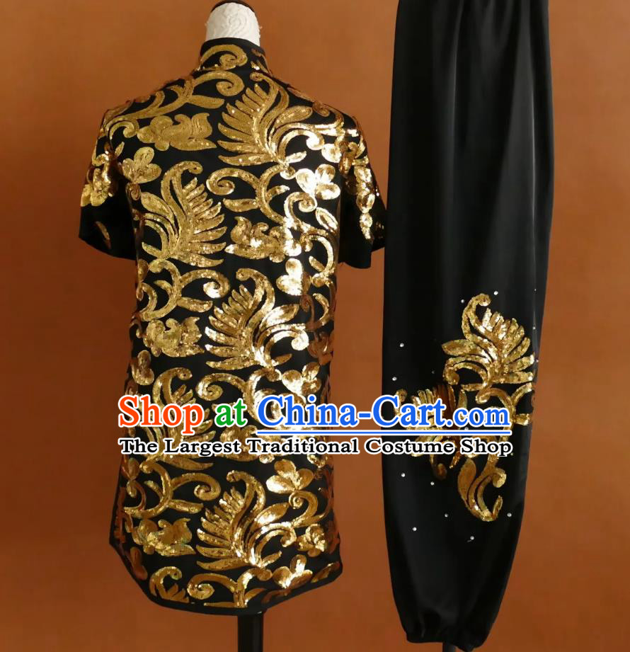 Professional Wushu Changquan Competition Costume Kung Fu Training Uniform Glitter Embroidery Martial Arts Black Suit