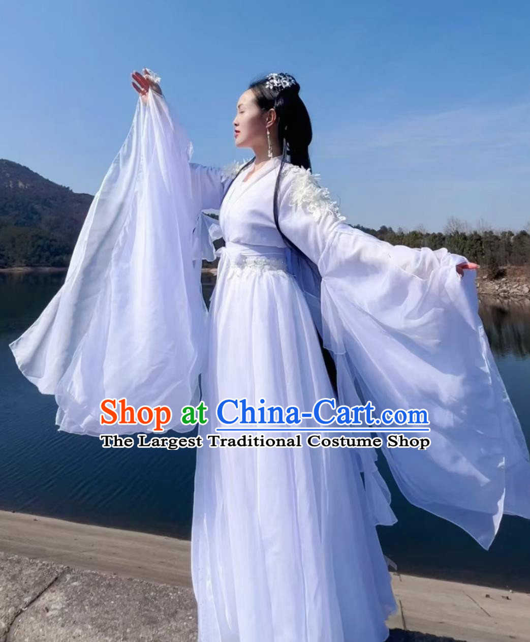 Elegant Chinese Dance Hanfu Wide Sleeve Stage Outfit Guzheng Player Performance Gown