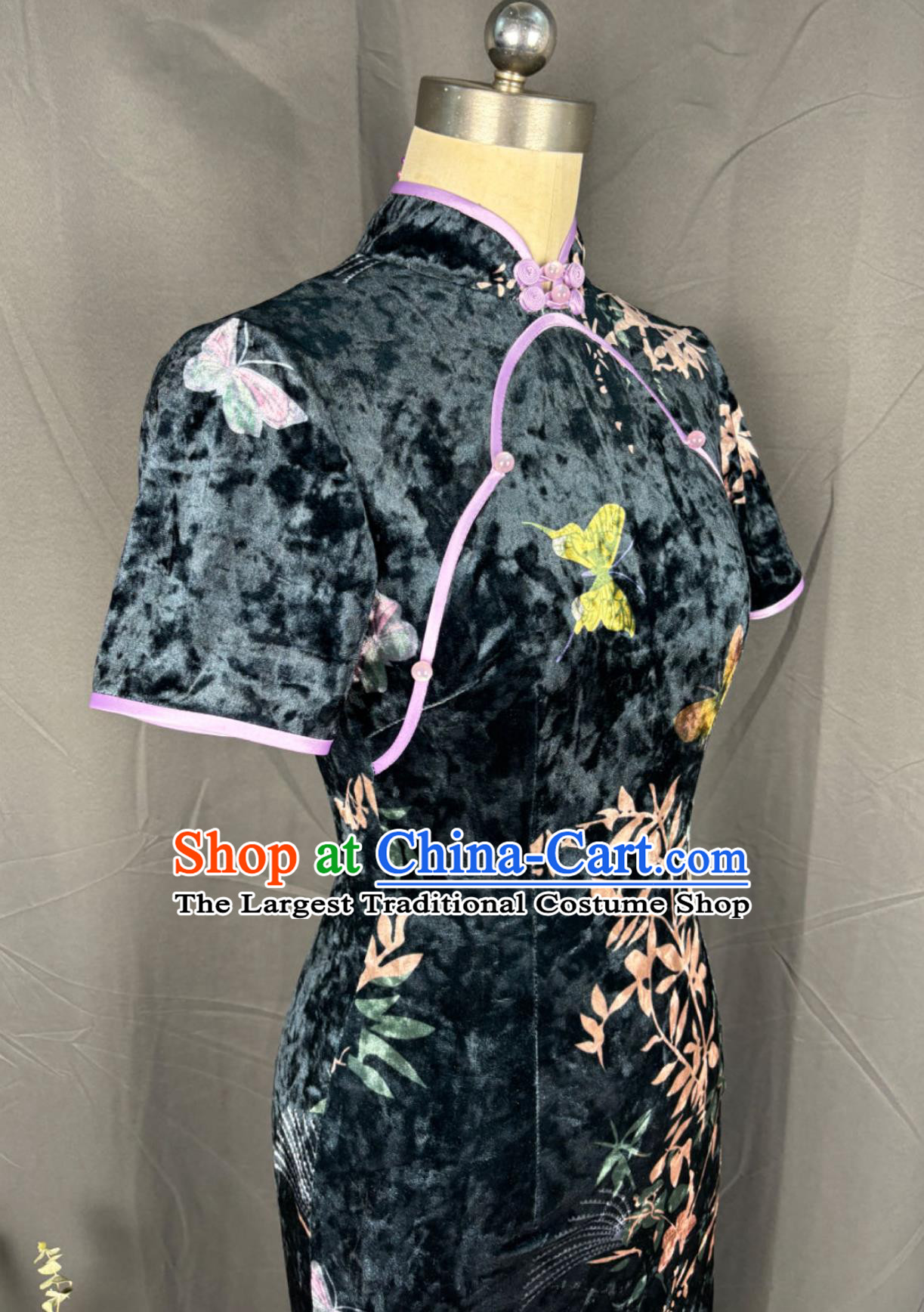 Plus Size kg Lucky Bamboo Butterfly Meiling Collar Short Sleeve Qipao Chinese Style Slim Fit Dress