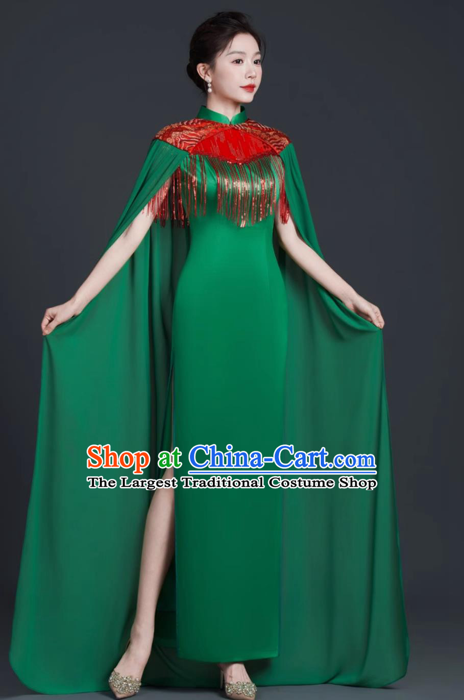 Chinese Style Banquet Evening Gown Stage Performance Qipao Green Long Cape Dress