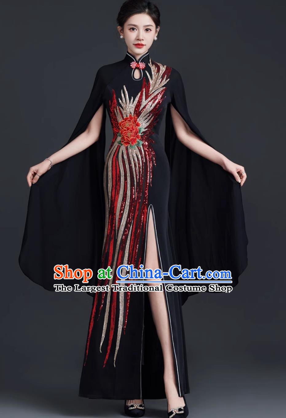 Chinese Style Stage Guzheng Water Sleeve Performance Dress Mermaid High Slit Qipao Evening Gown Black