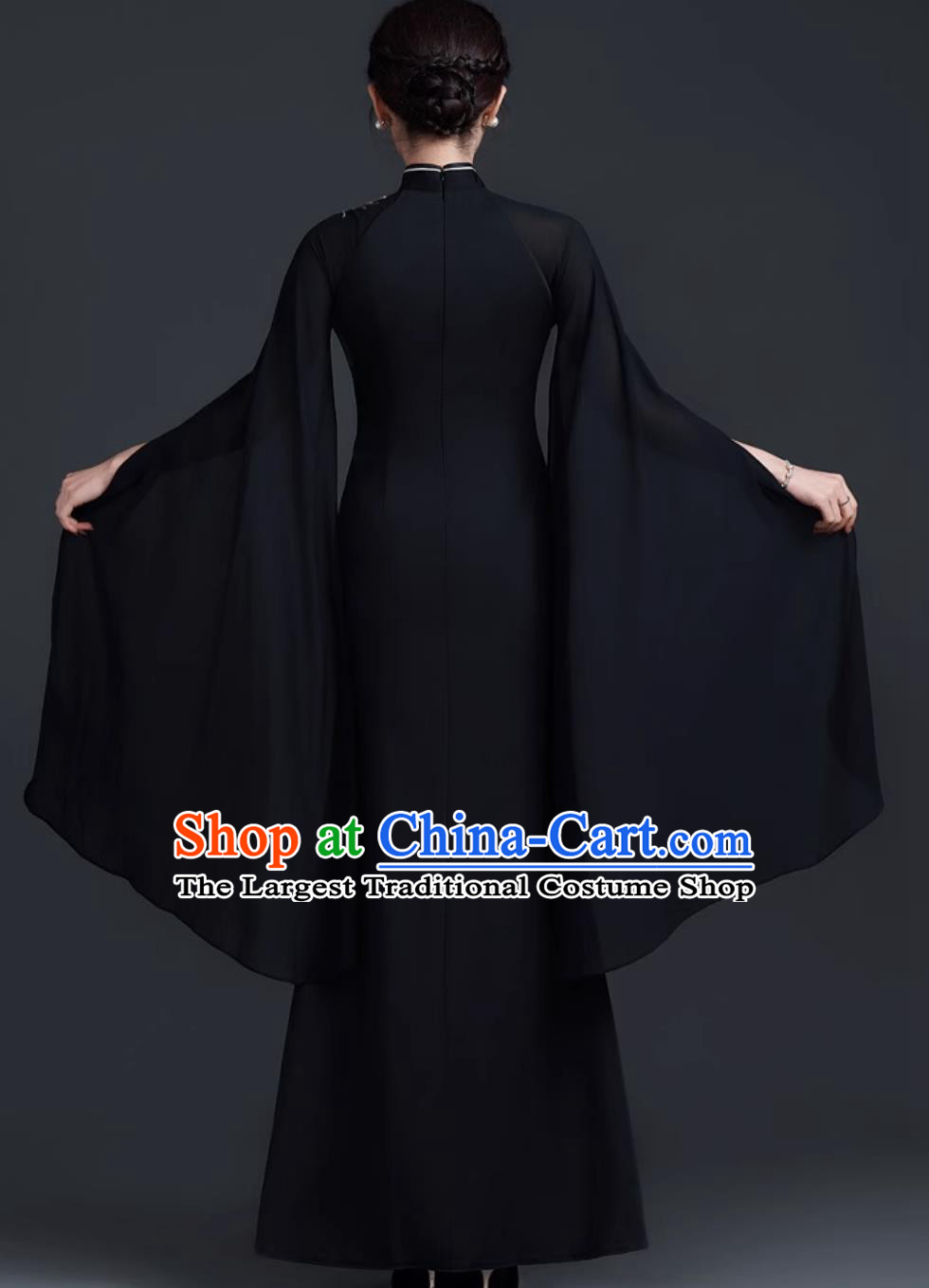Chinese Style Stage Guzheng Water Sleeve Performance Dress Mermaid High Slit Qipao Evening Gown Black