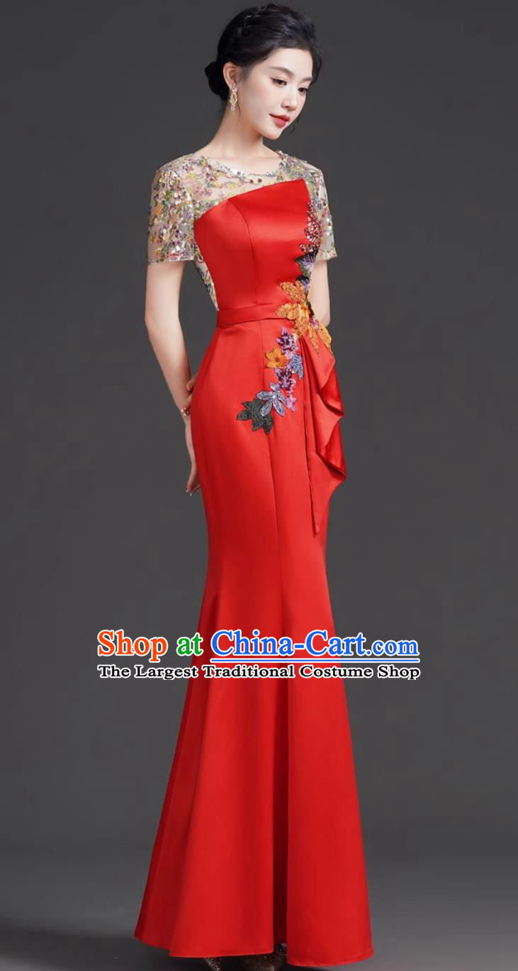 Chinese Style Fashion Round Neck Sequin Evening Gown Red Luxury Niche Banquet Hostess Mermaid Performance Dress