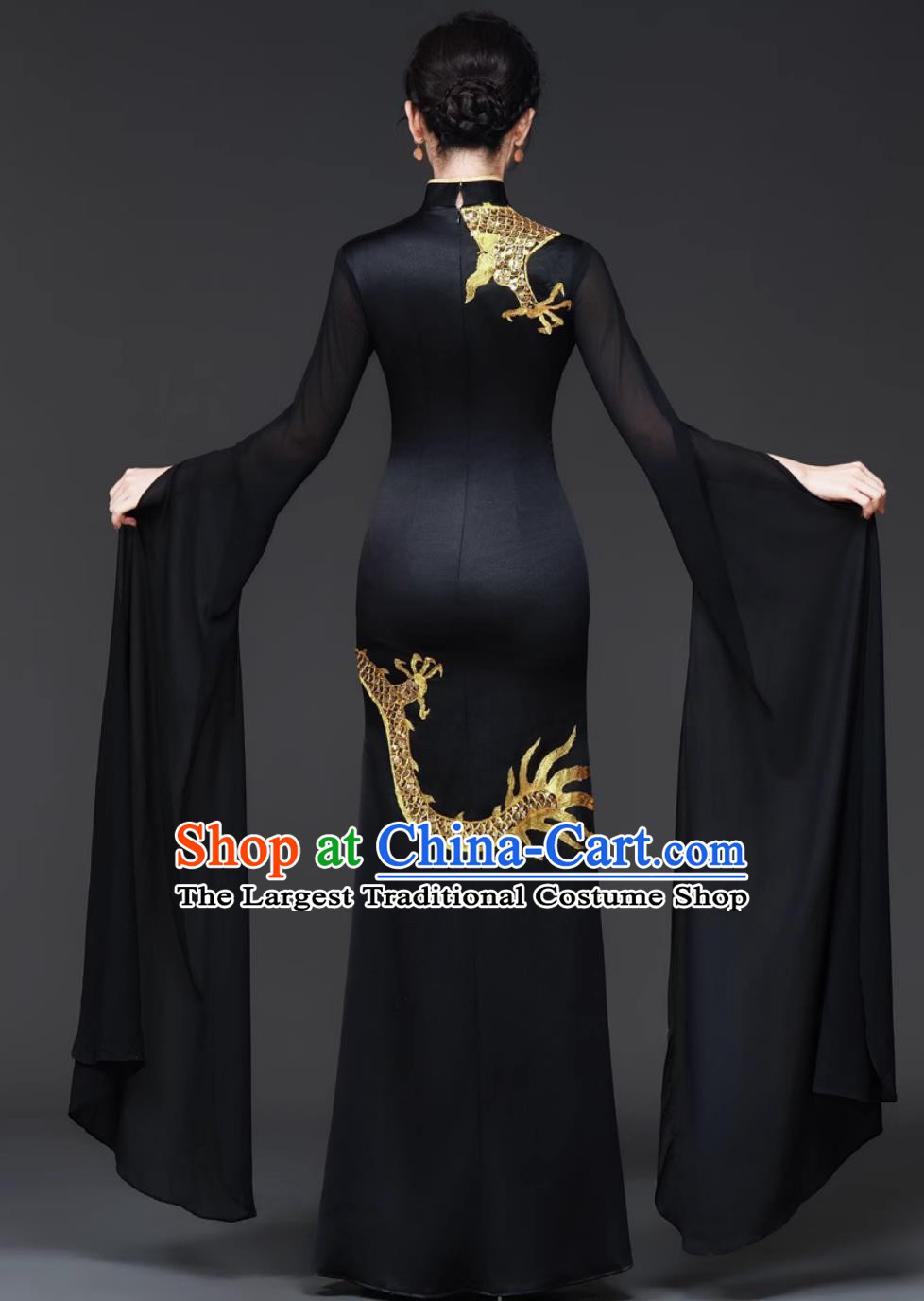 Women Runway Cheongsam Performance Costume Black Fashionable Chinese Style Long Stage Outfit Traditional Dress With Dragon Embroidery