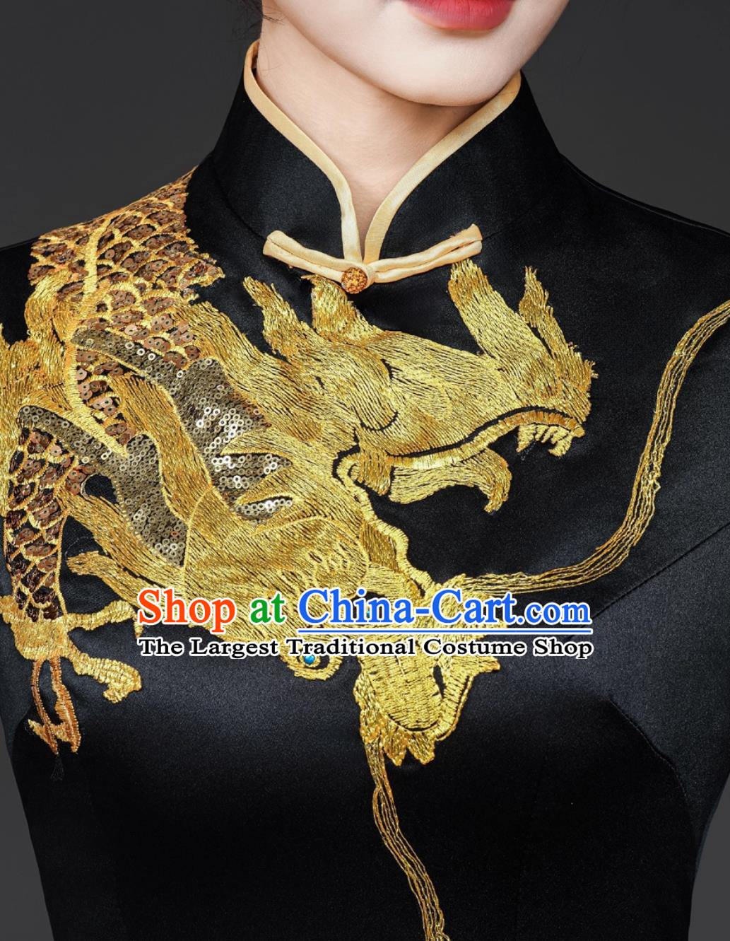 Women Runway Cheongsam Performance Costume Black Fashionable Chinese Style Long Stage Outfit Traditional Dress With Dragon Embroidery