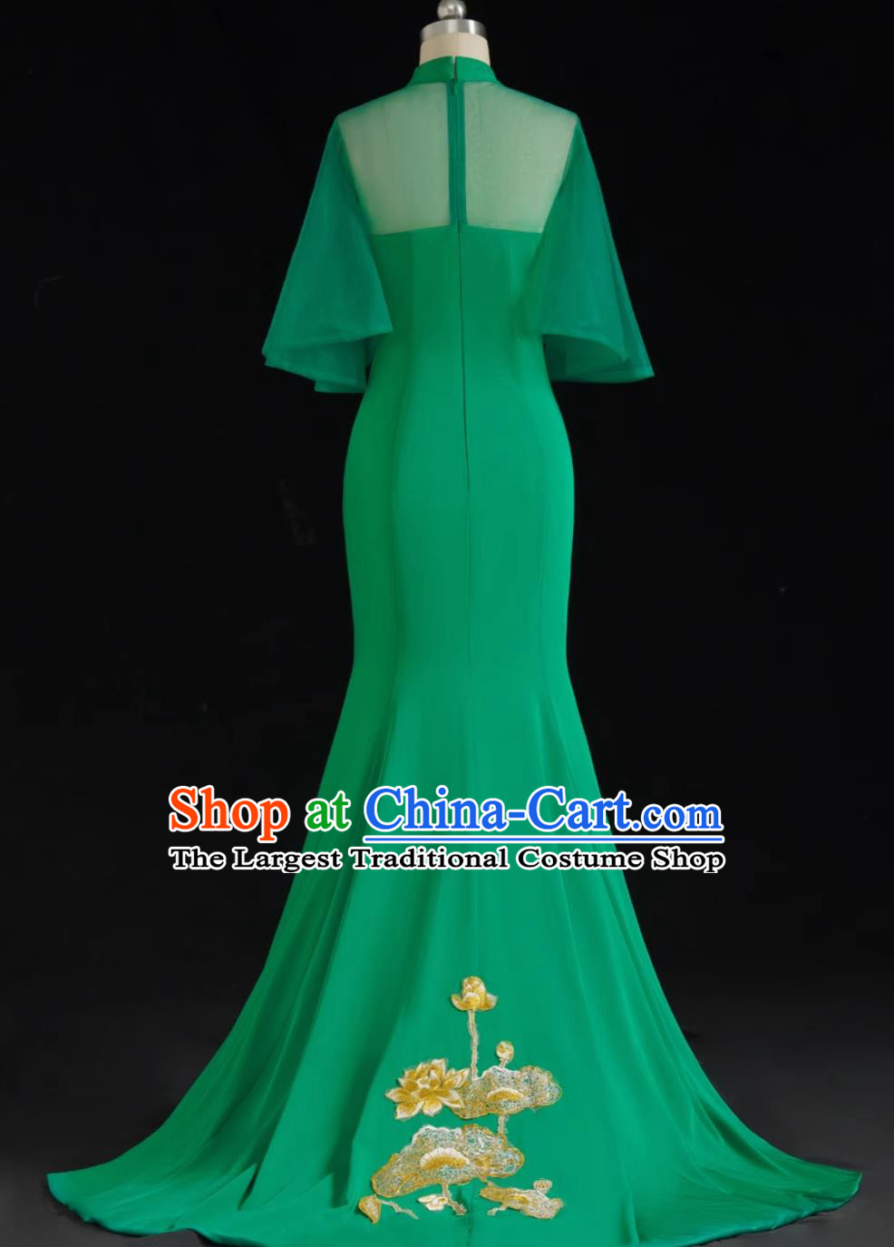 Chinese Style Evening Gown Green Trailing Long Style Runway Performance Outfit Mermaid Fit Annual Gala Dress
