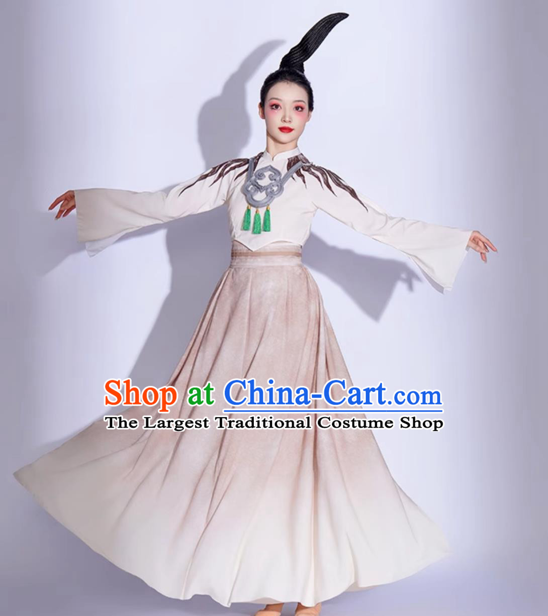 Women Elegant Chinese Style Jade Bird Dance Outfit Classical Dance Costume Art Exam Fan Dance Performance Wear