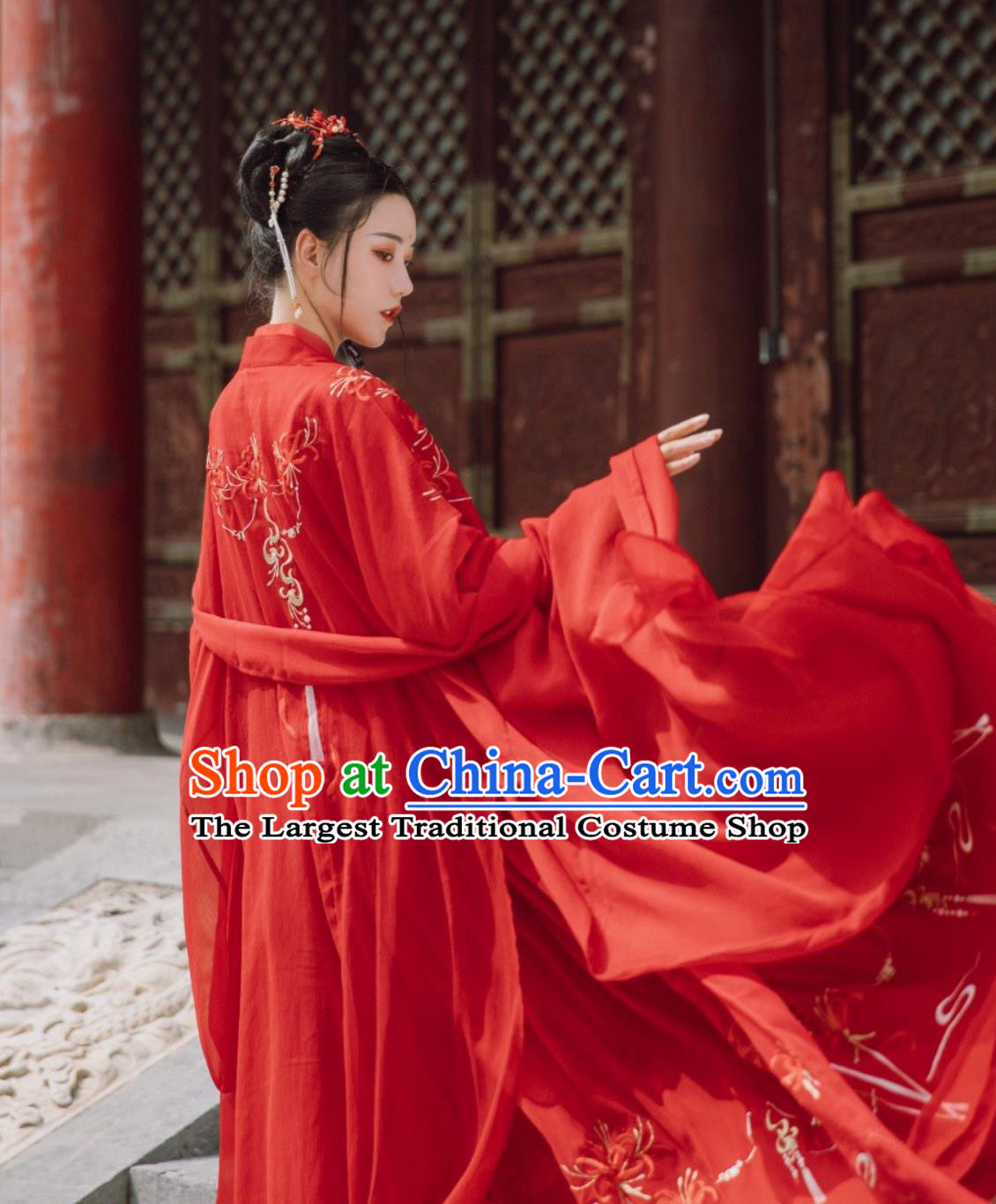 Red Chinese Hanfu Dress Tang Dynasty High Waist Ruqun and Wide Sleeves Cape Complete Set