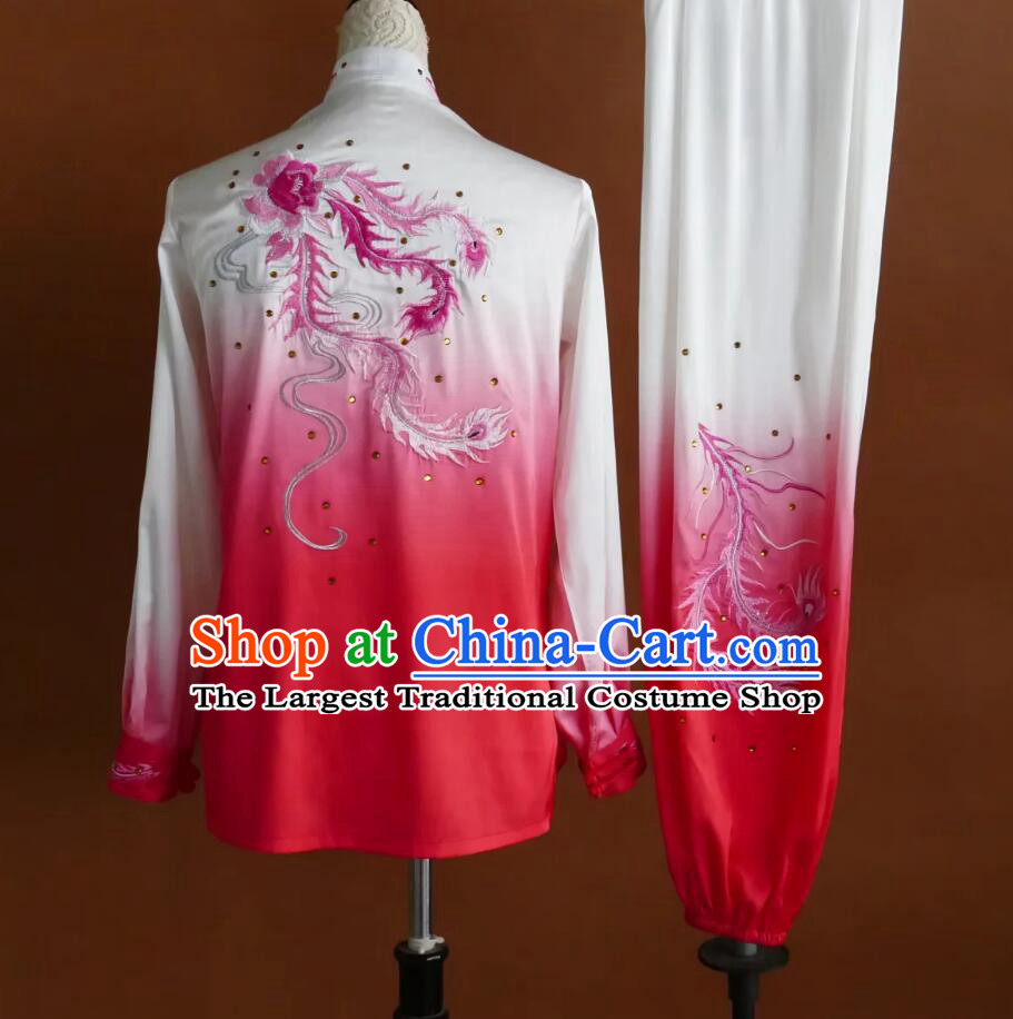 Gradient White to Rosy Tai Chi Suit Kung Fu Training Clothing Phoenix Embroidery Taiji Uniform Competition Performance Costume