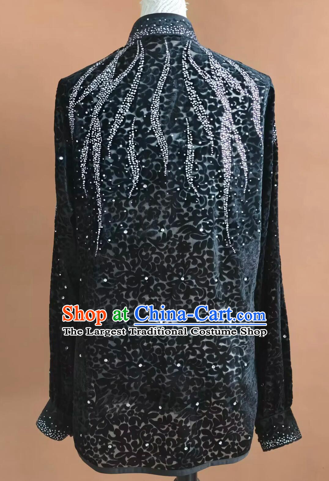 Rhinestone Velvet Kung Fu Suit Wushu Competition Uniform Tai Chi Performance Costume Black Taiji Outfit