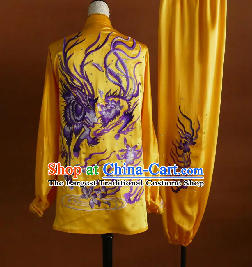 Embroidered Fire Kylin Kung Fu Suit Golden Tai Chi Uniform Martial Arts Competition Costume Taiji Performance Outfit