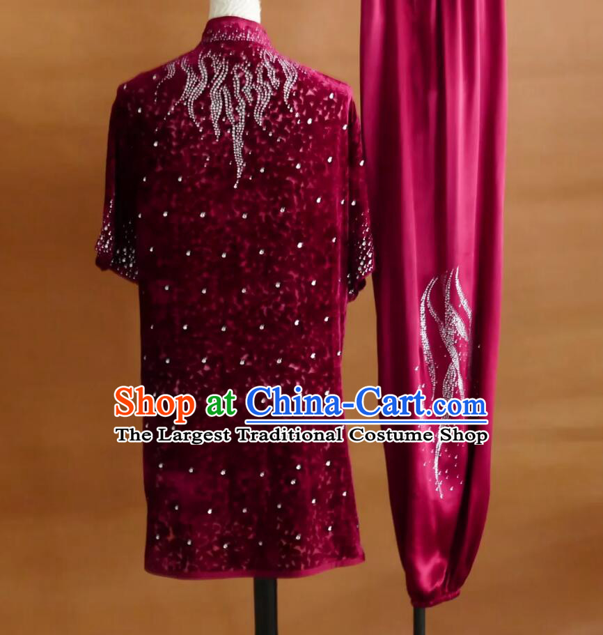 Bordeaux Red Martial Arts Performance Outfit Rhinestone Velvet Changquan Kung Fu Suit Wushu Routine Competition Uniform Long Fist Costume