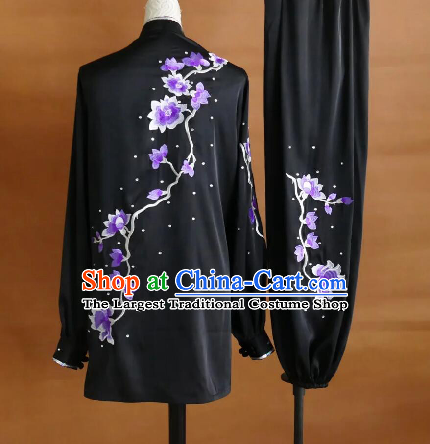 Flower Embroidery Tai Chi Suit Group Competition Performance Outfit Women Qigong Uniform Mid Long Black Taiji Clothing