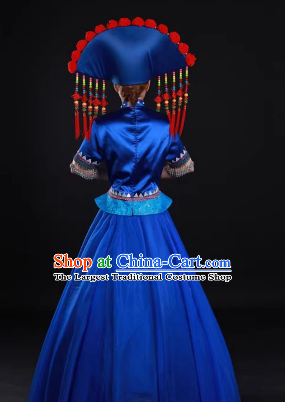 Chinese Minority Singer Stage Performance Costume Zhuang Ethnic Royal Blue Floral Long Dress for Women