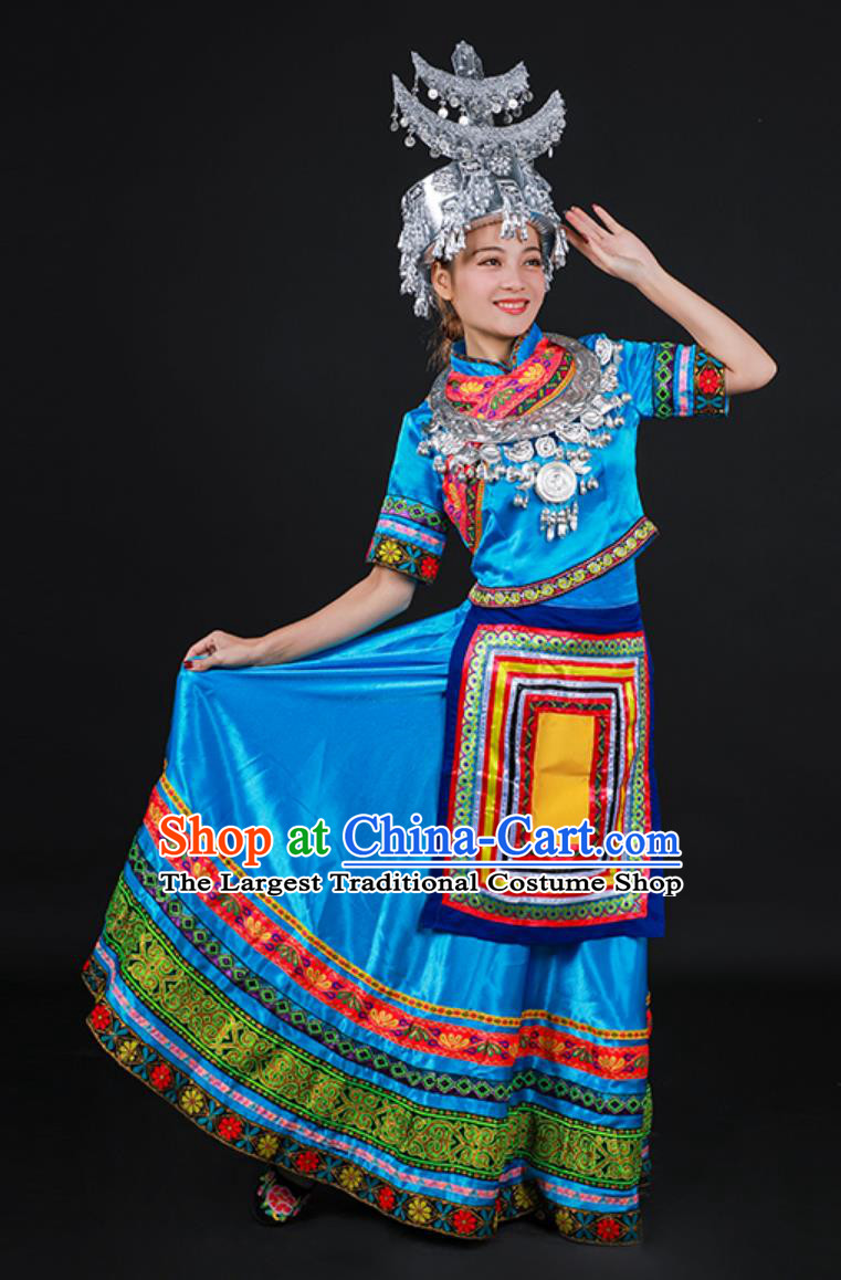 Wenshan Shui Ethnic Women Dance Costume Chinese Yunnan Minority Traditional Clothing Blue Dress
