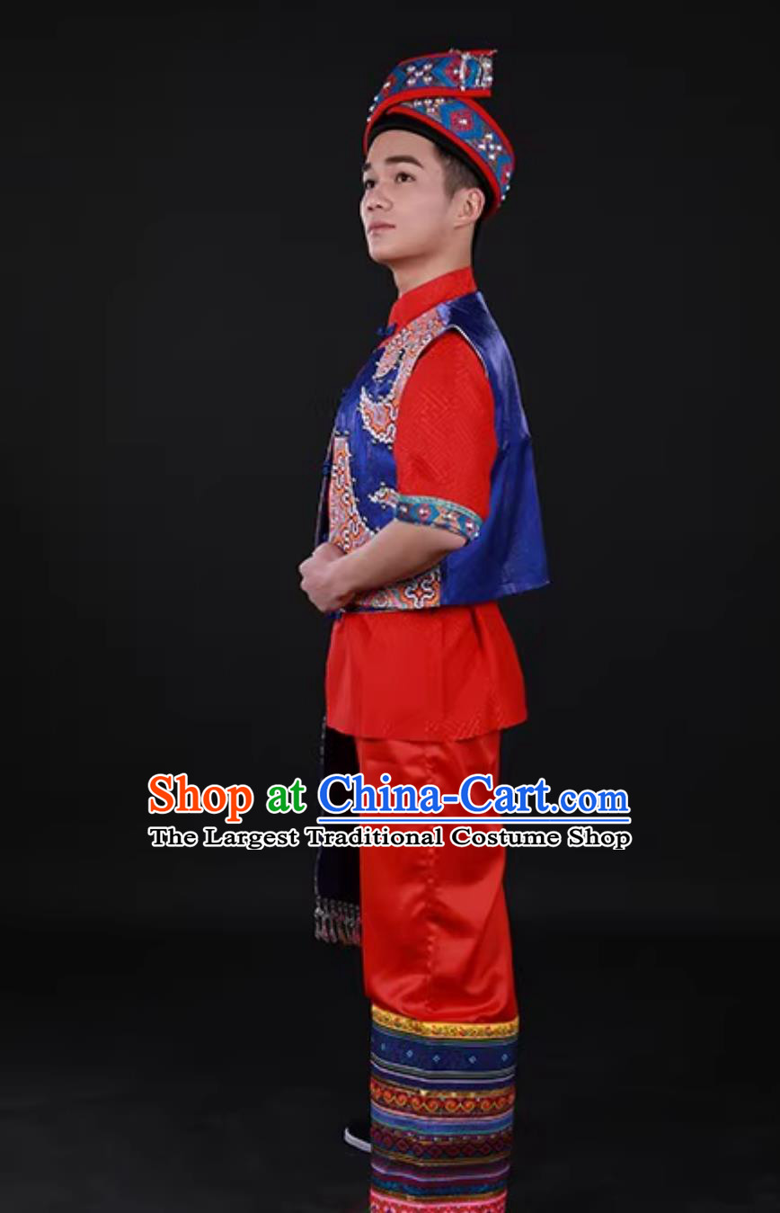 Guangxi Zhuang Ethnic Men Dance Costume Traditional Chinese March Third Festival Performance Attire