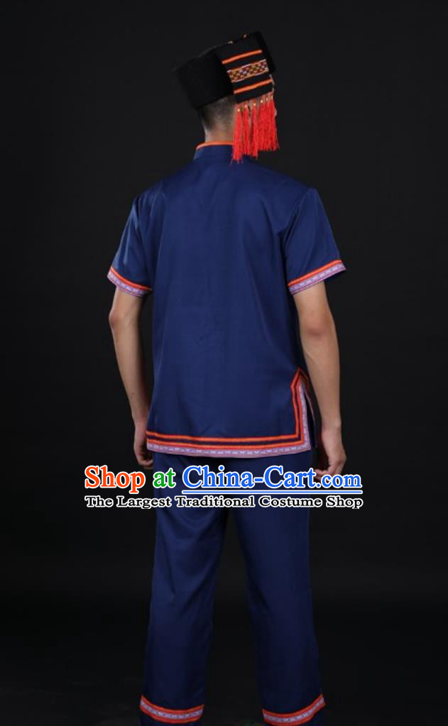 Yao Ethnic Short Sleeve Costume Traditional Chinese National Minority Male Navy Blue Outfit