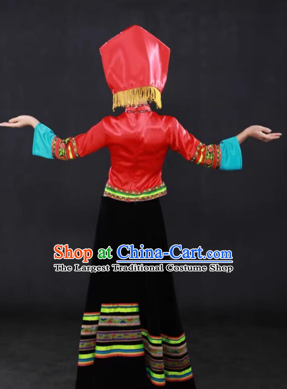 Zhuang Ethnic Dance Performance Red Costume Chinese Traditional Featival Women Dance Minority Outfit