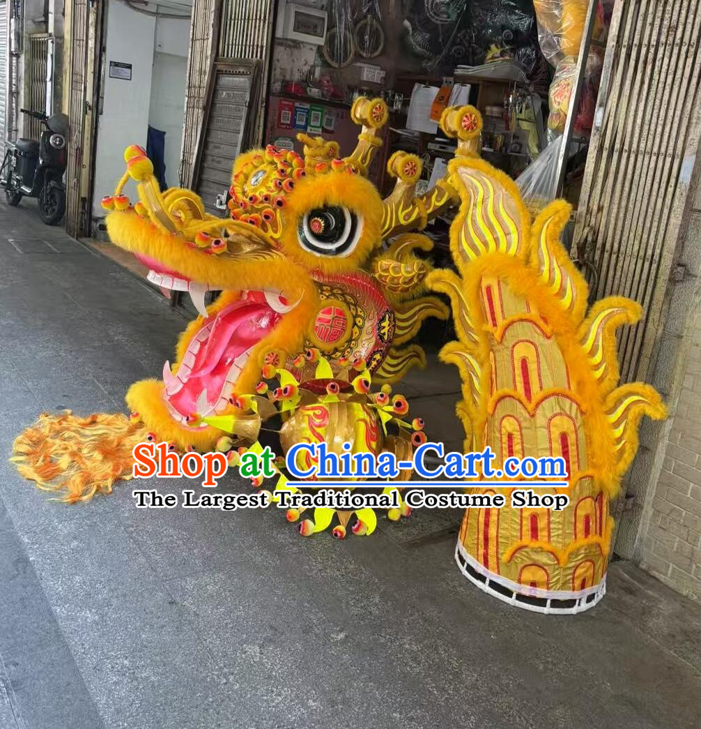 Full Handmade Traditional Giant Dragon Chinese Loong Dance Equipment Golden Wool Dragon Dance Head and Costume Complete Set