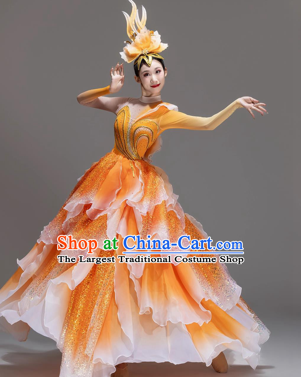 Grand Opening Dance Orange Flared Dress Stage Performance Attire Women Chorus Dance Costume
