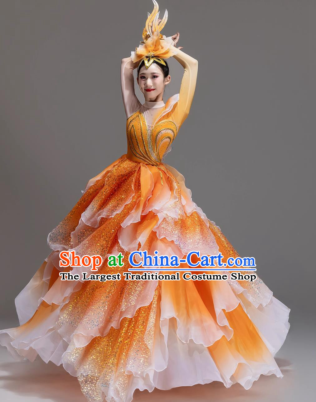 Grand Opening Dance Orange Flared Dress Stage Performance Attire Women Chorus Dance Costume