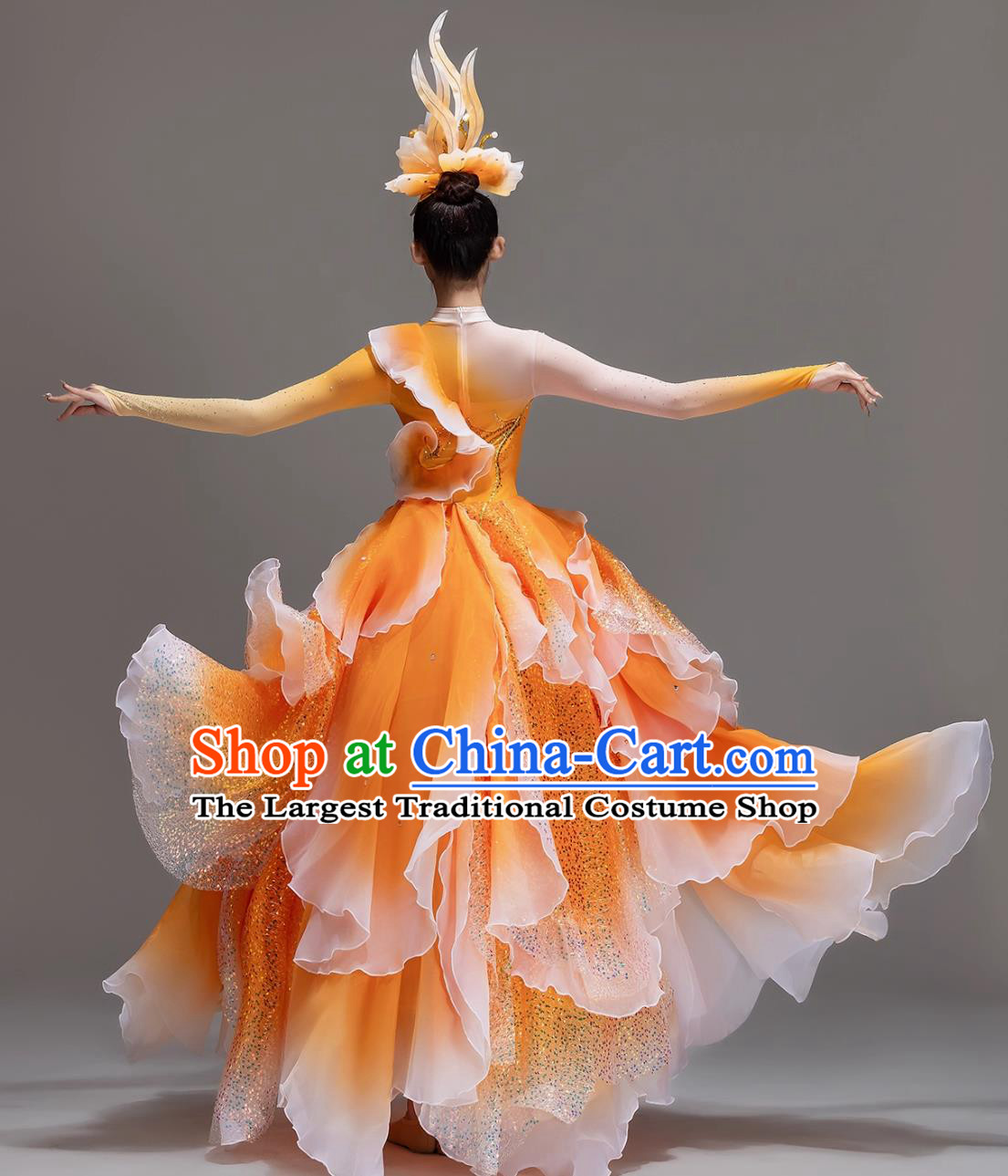 Grand Opening Dance Orange Flared Dress Stage Performance Attire Women Chorus Dance Costume