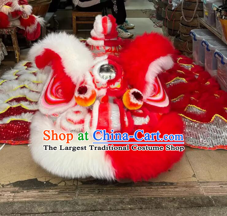 Red and White Sheep Fur Lion Chinese Hok San Lion Dance Head and Costume Complete Set