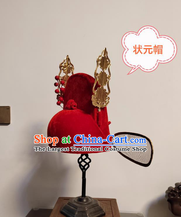 Red Number One Scholar Traditional Wusha Hat Ancient Chinese Official Headwear Wedding Headpiece