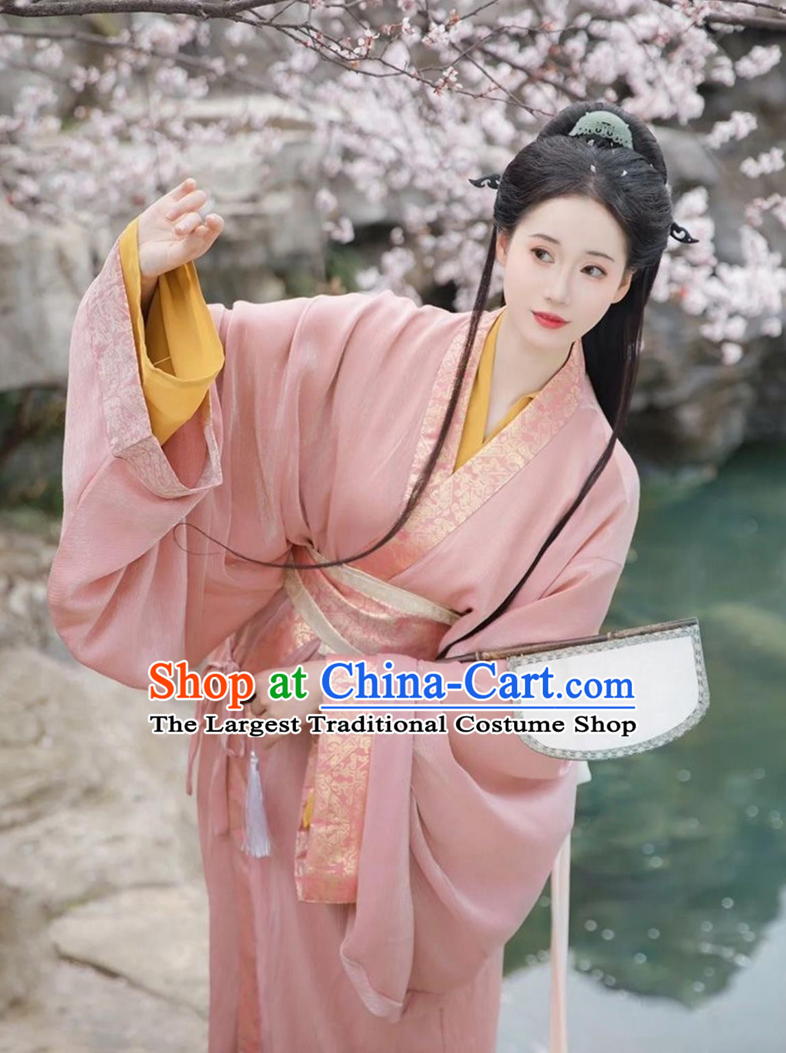 Warring States Zhiju Straight Hem Robe Ancient Chinese Costume Women Pink Hanfu Dress