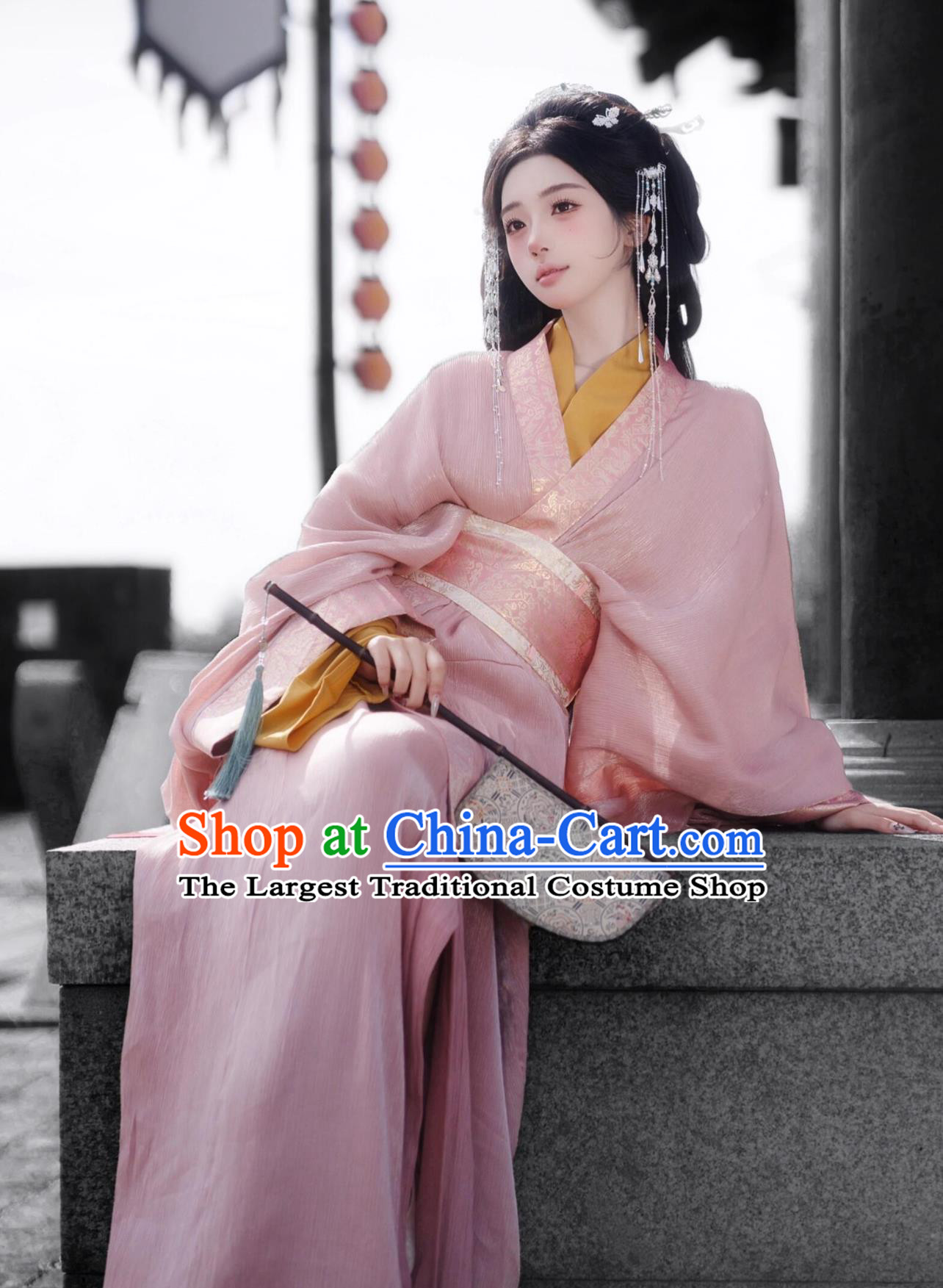 Warring States Zhiju Straight Hem Robe Ancient Chinese Costume Women Pink Hanfu Dress