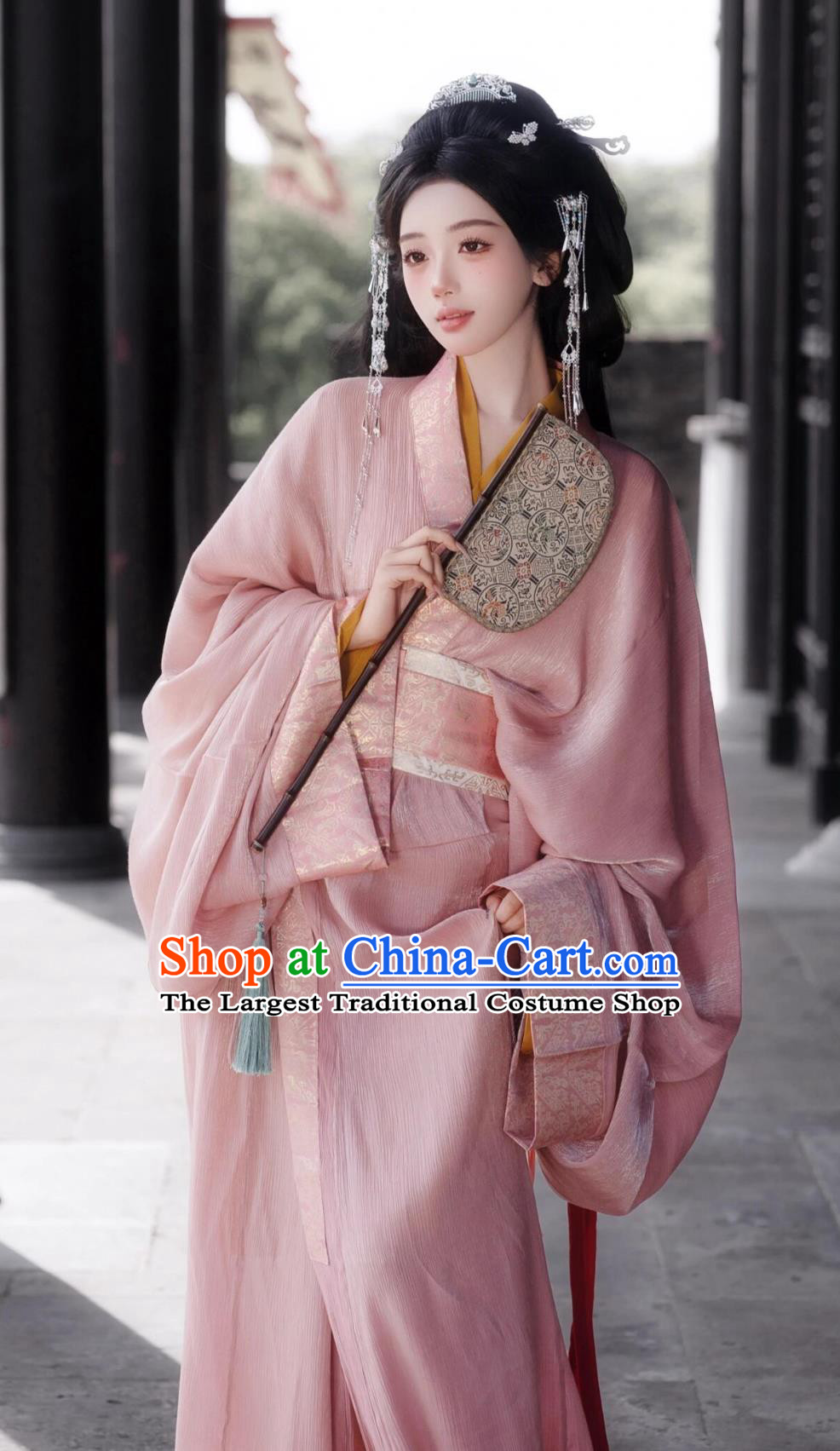 Warring States Zhiju Straight Hem Robe Ancient Chinese Costume Women Pink Hanfu Dress