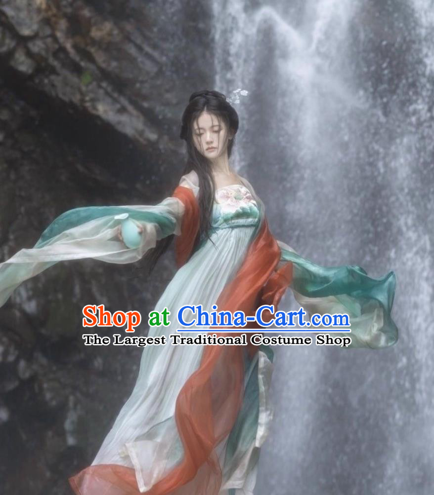 Tang Dynasty Women Hanfu Embroidered High Waist Big Sleeve Blouse Printed Hezi Skirt Traditional Chinese Dress