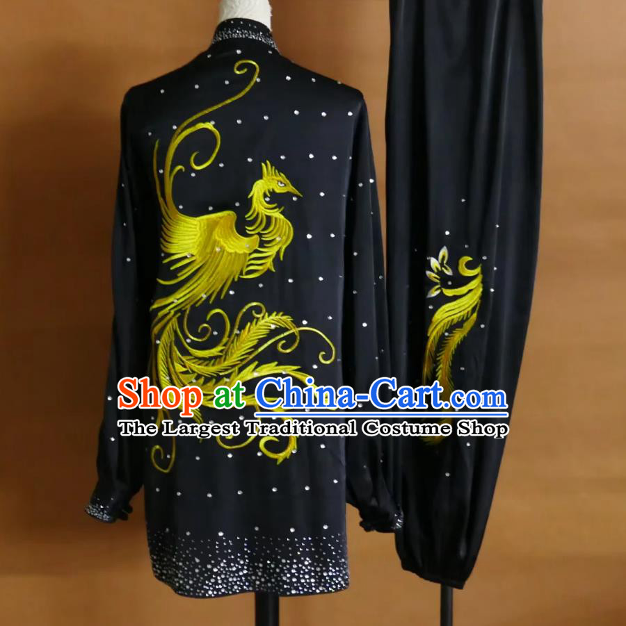 Embroidered Phoenix Crystal Tai Chi Suit Mid Length Qigong Uniform Competition Performance Baduanjin Costume