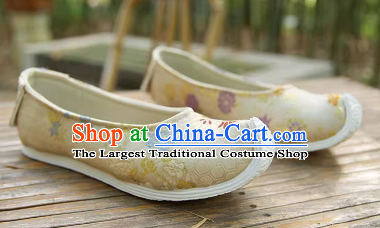 Ming Dynasty Hanfu Shoes Women Upward Curved Toe Bow Shoes Chinese Light Golden Brocade Shoes