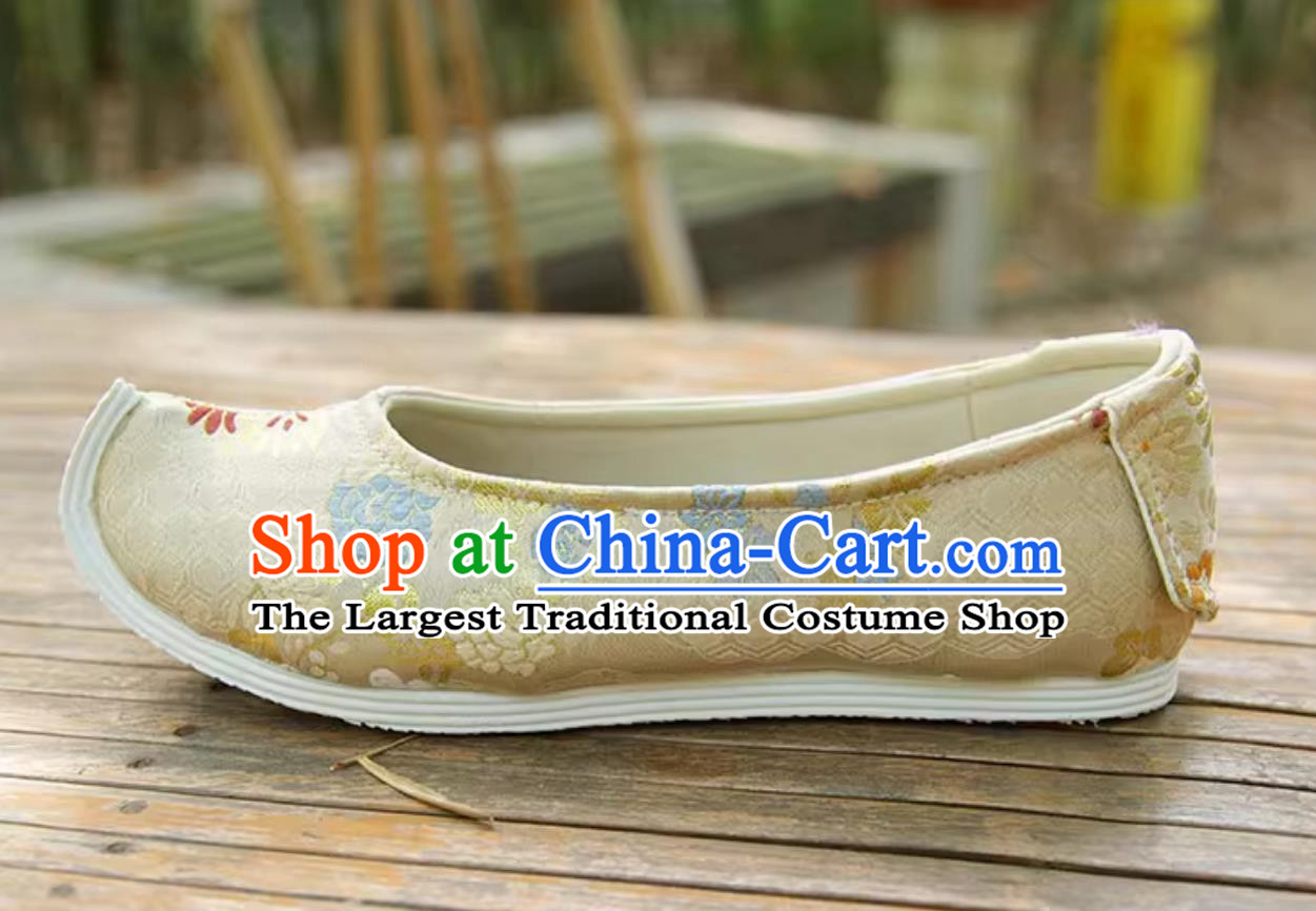 Ming Dynasty Hanfu Shoes Women Upward Curved Toe Bow Shoes Chinese Light Golden Brocade Shoes