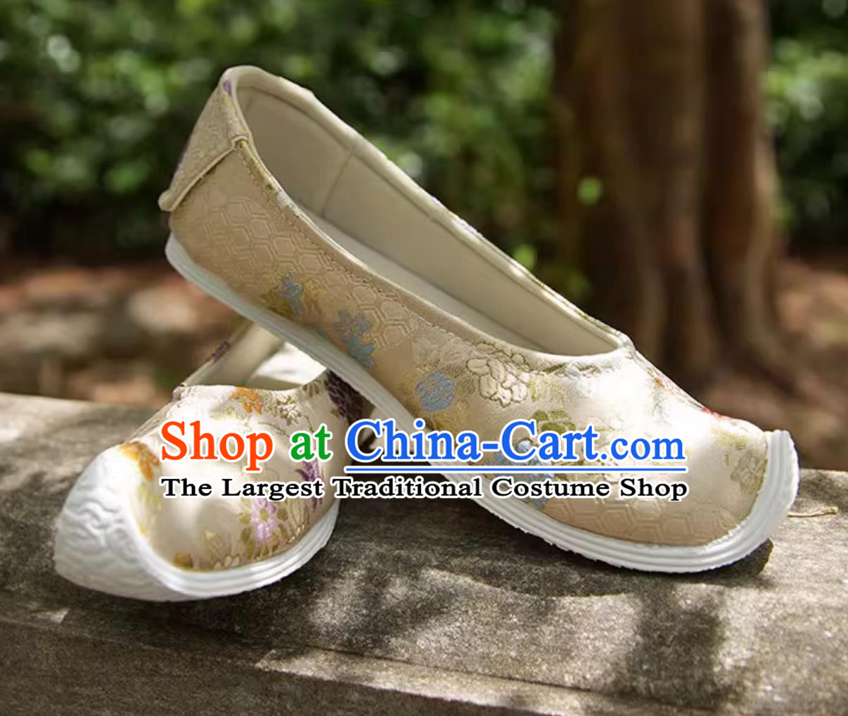 Ming Dynasty Hanfu Shoes Women Upward Curved Toe Bow Shoes Chinese Light Golden Brocade Shoes