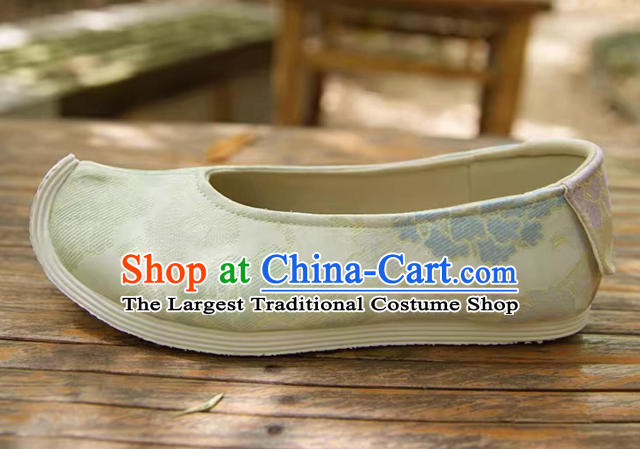 Chinese Light Green Shoes Ming Dynasty Hanfu Shoes Traditional Women Upward Curved Toe Bow Shoes