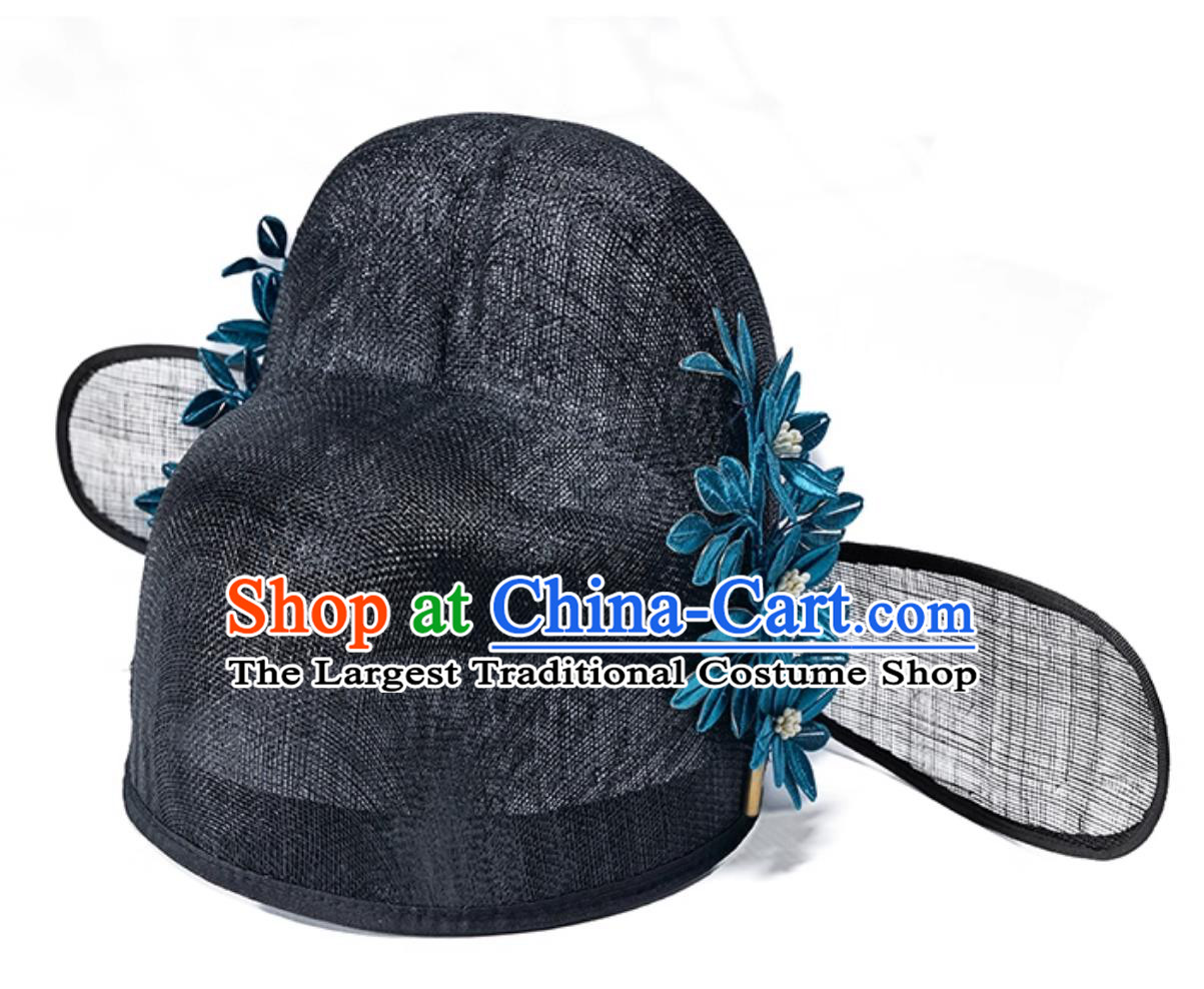 Ming Dynasty Hanfu Hat Chinese Hemp Gauze Wusha Hat With Wrapped Flowers