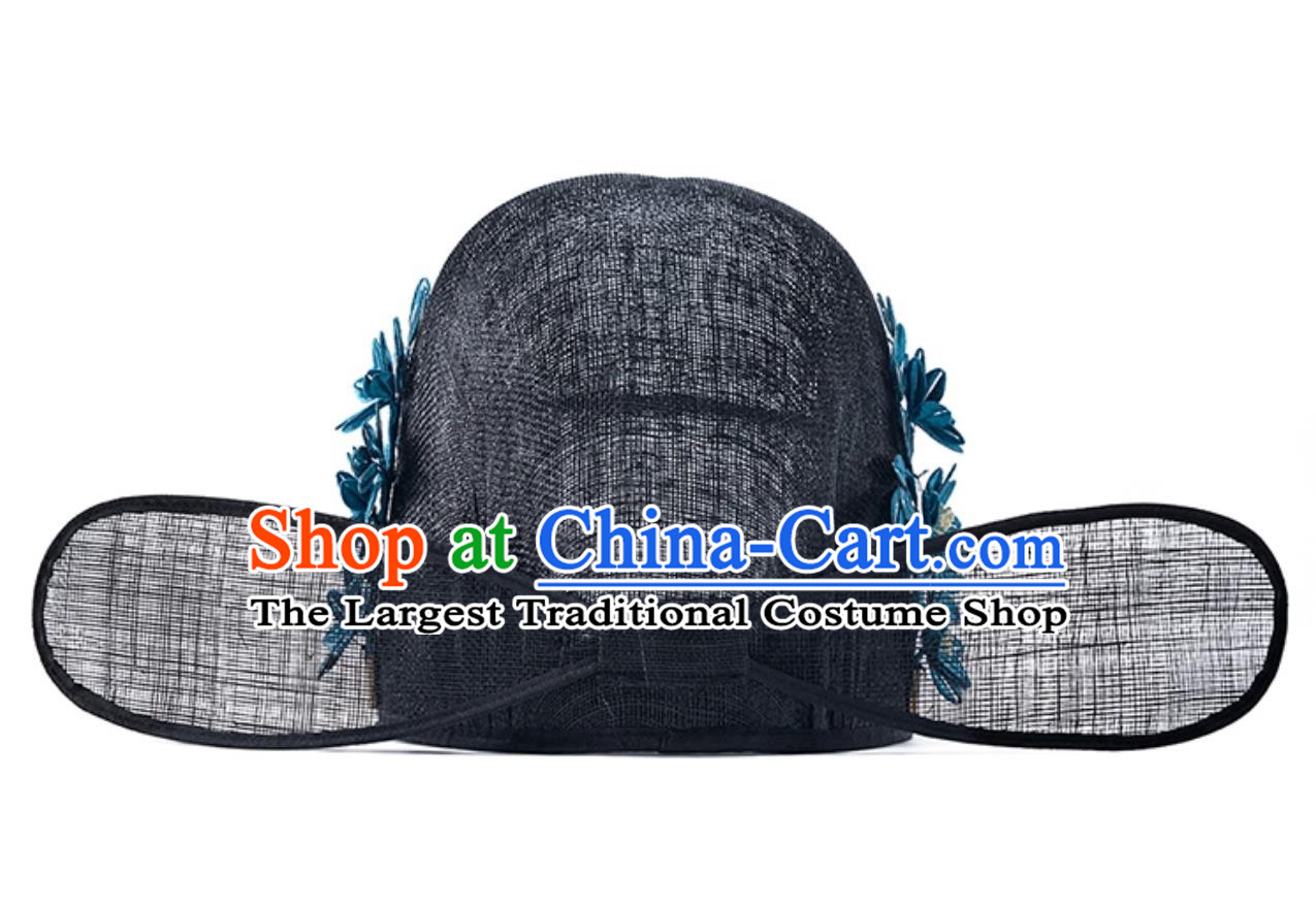 Ming Dynasty Hanfu Hat Chinese Hemp Gauze Wusha Hat With Wrapped Flowers