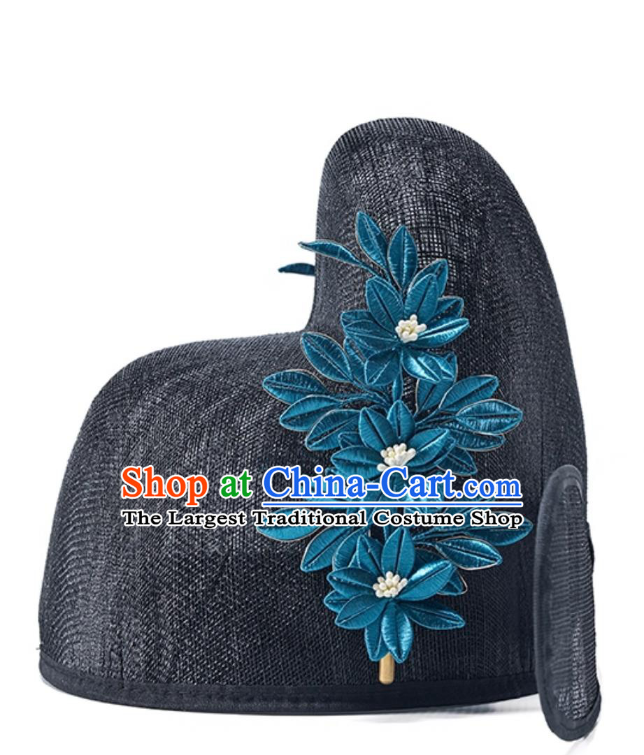 Ming Dynasty Hanfu Hat Chinese Hemp Gauze Wusha Hat With Wrapped Flowers