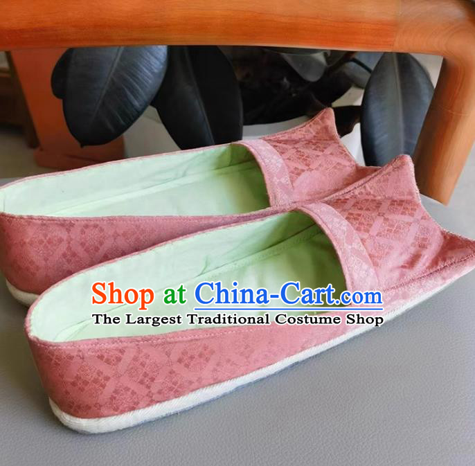 Western Han Dynasty Pink Satin Shoes Handmade Hanfu Heritage Thousand Layer Sole Traditional Cloth Shoes