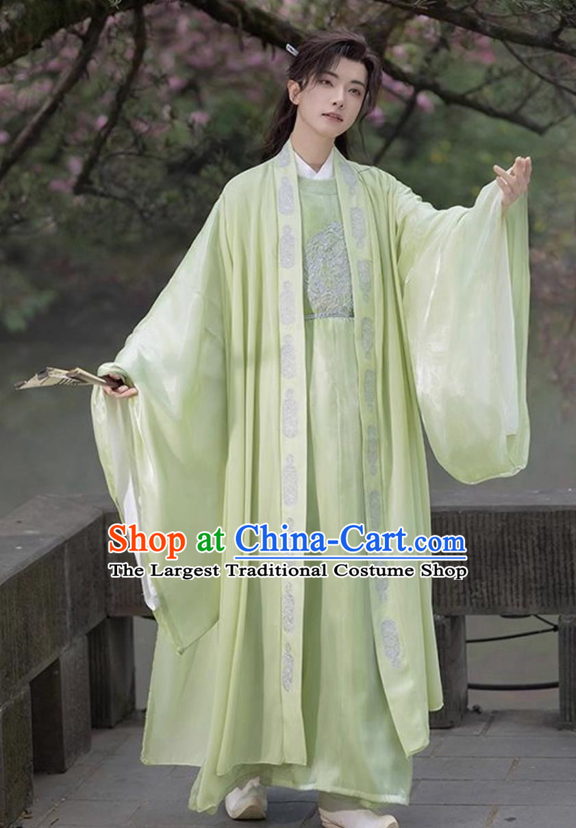 Tang Dynasty Hanfu Embroidered Round Collar Robe Ancient Swordsman Green Outfit Traditional Chinese Clothing